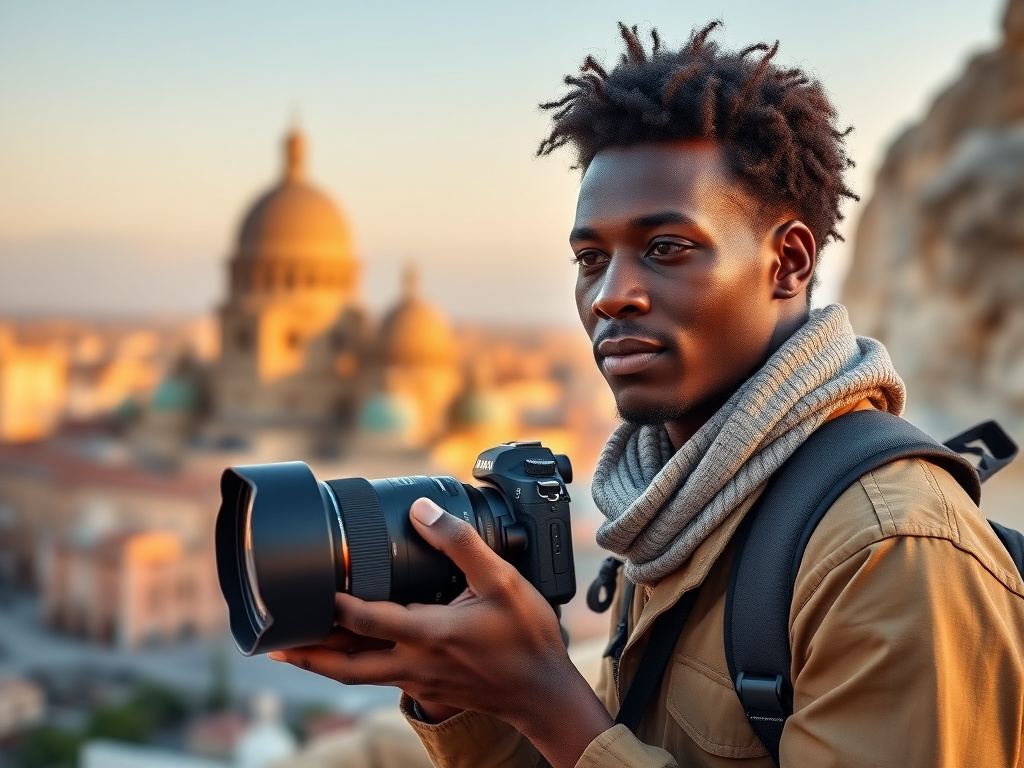 A traveler of color using a language learning app to navigate a foreign city