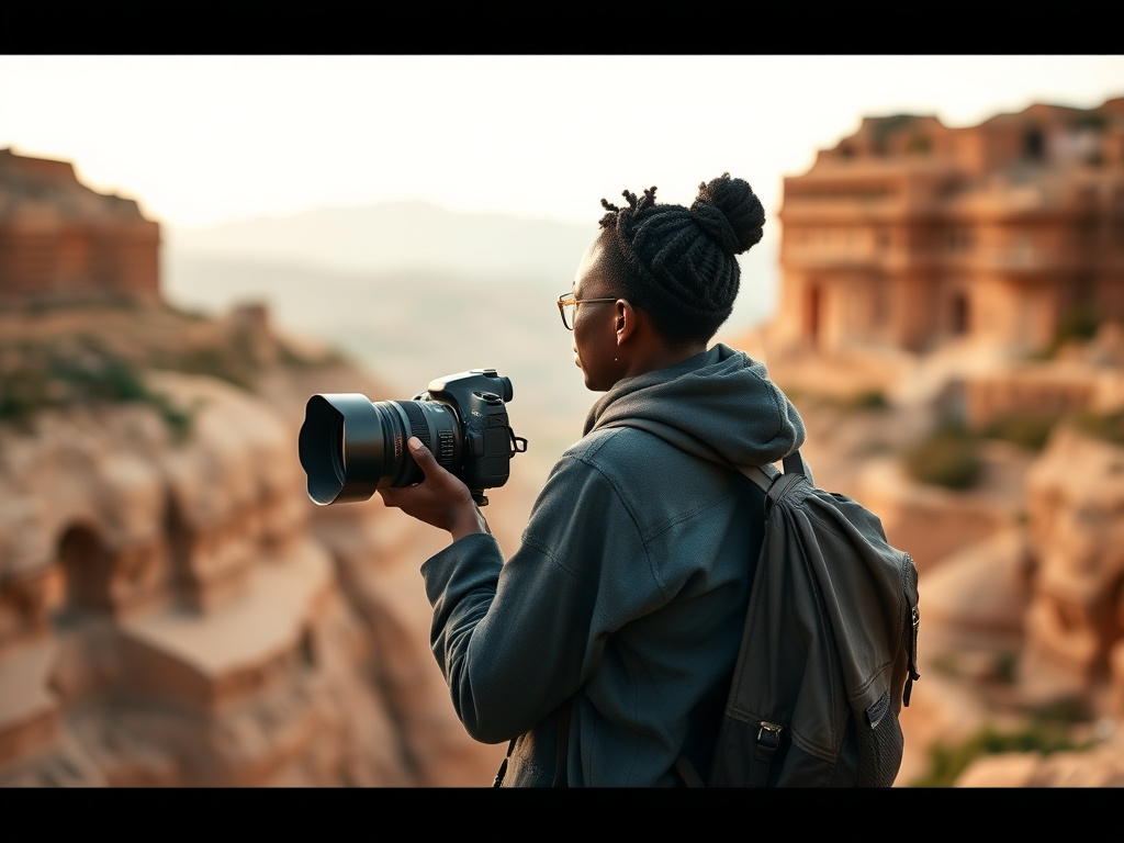 A traveler of color using a travel app to book a flight, earning rewards and benefits