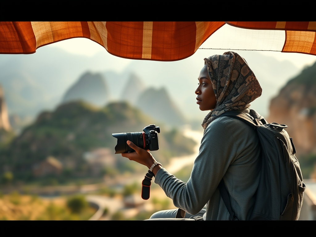 A traveler of color standing in front of a scenic landscape, smiling and feeling accomplished