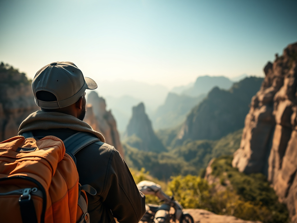 Diverse traveler in front of a colorful background, holding a small backpack