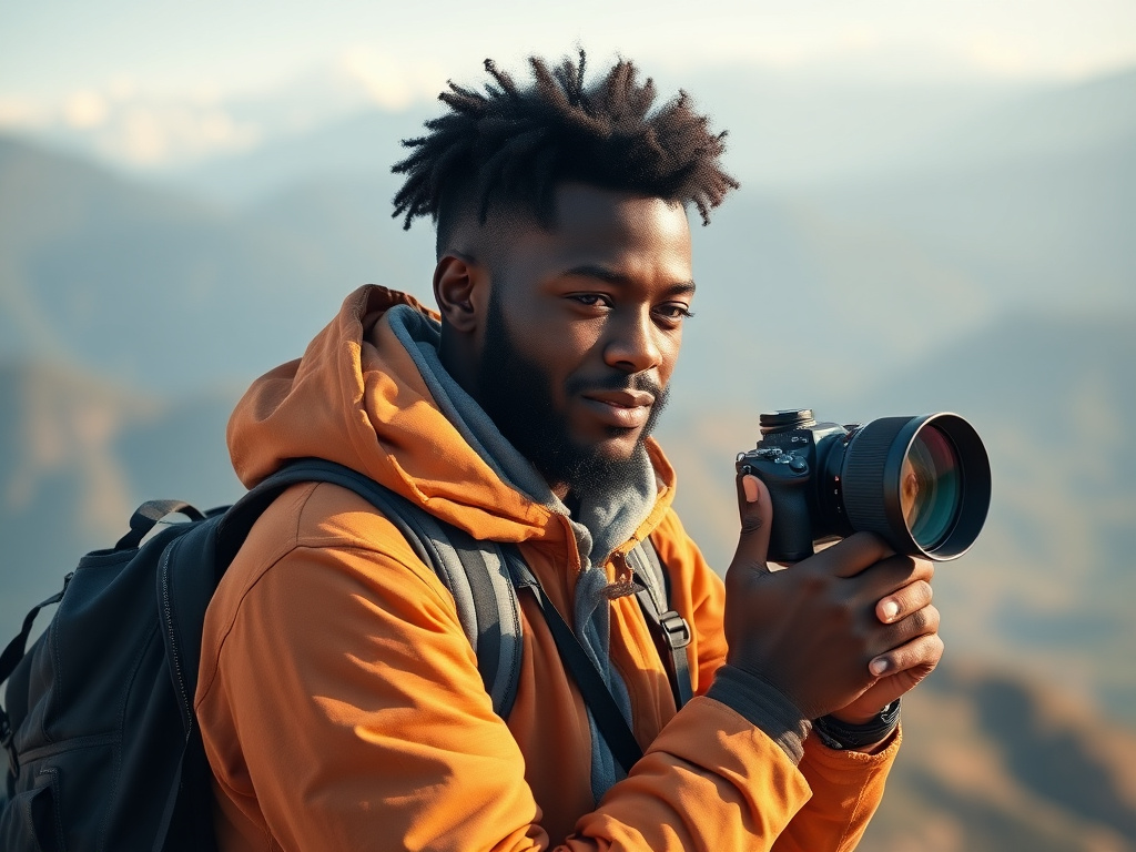 Diverse traveler with a vibrant hairstyle, in front of a colorful market