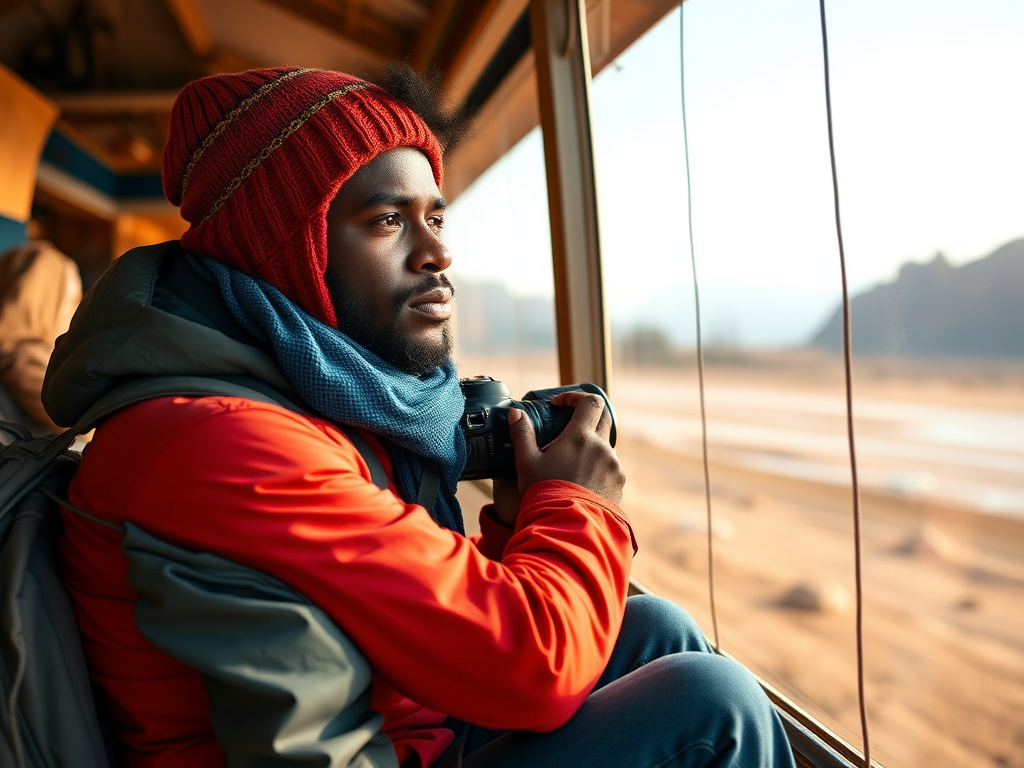 Traveler wearing layers in a cold climate