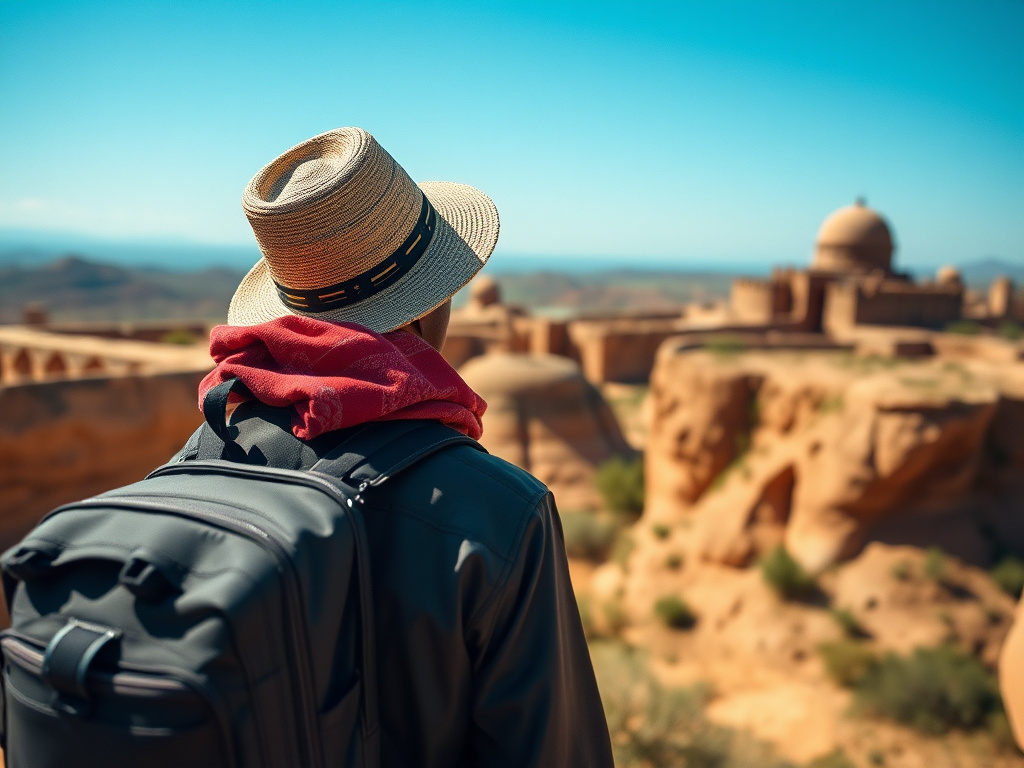A traveler of color holding a reusable water bottle and wearing a backpack