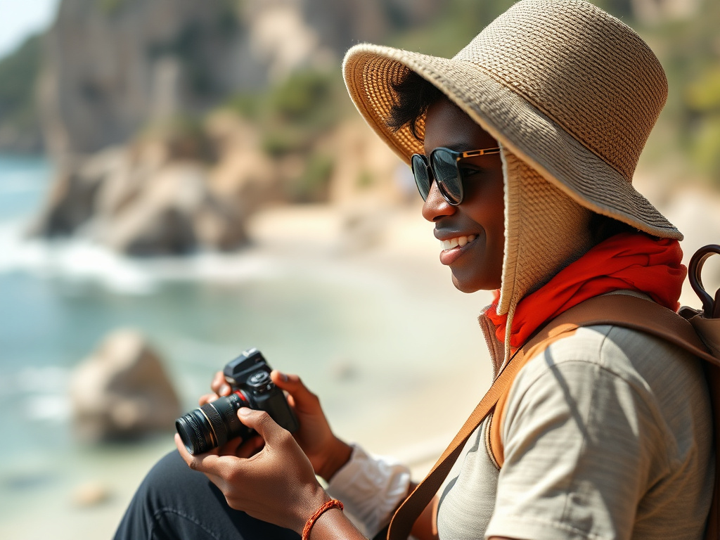 A group of travelers from diverse backgrounds gathered around a table discussing sustainable travel practices