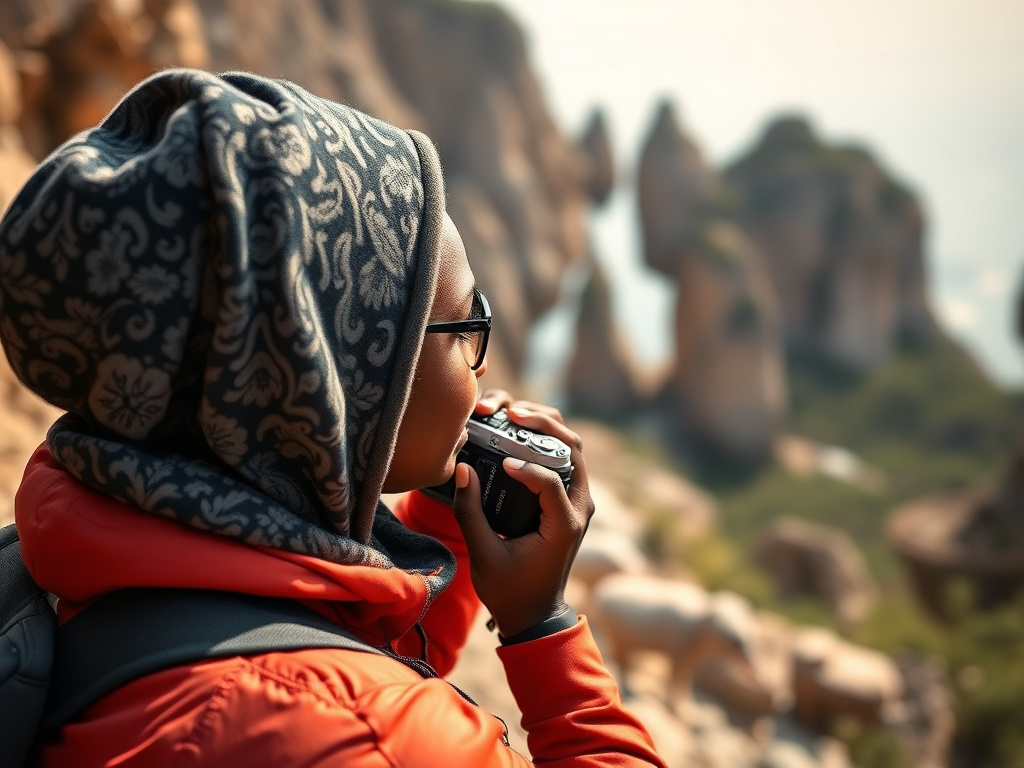 A traveler of color standing in front of a beautiful natural landscape, holding a reusable bag and wearing a sustainable travel packing badge