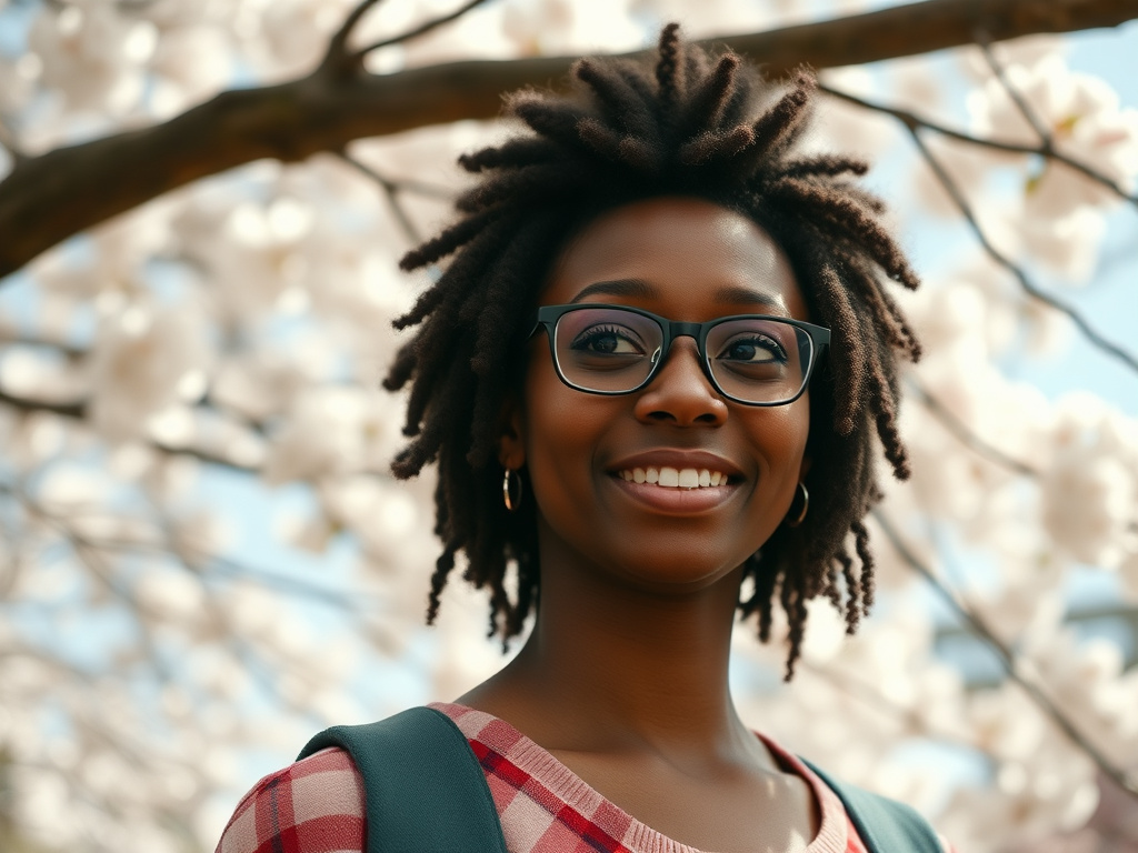 Black traveler with disability enjoying hanami