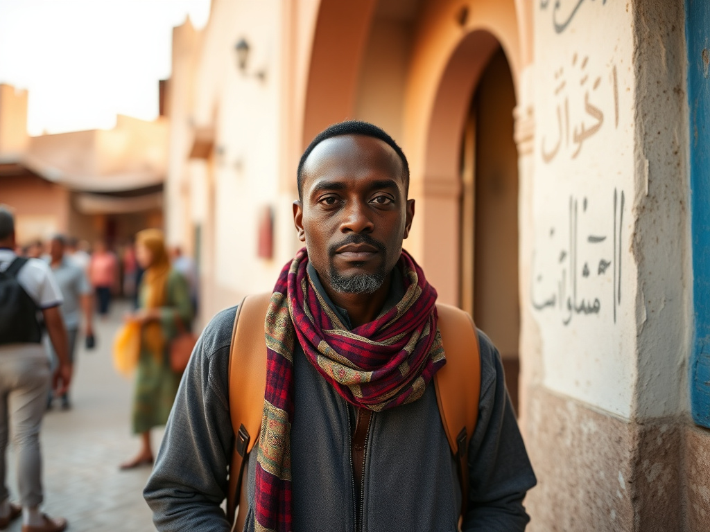 A traveler of color interacting with a local in Morocco