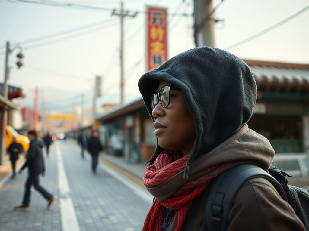 Solo female traveler of color exploring the scenic landscapes of Jeju Island