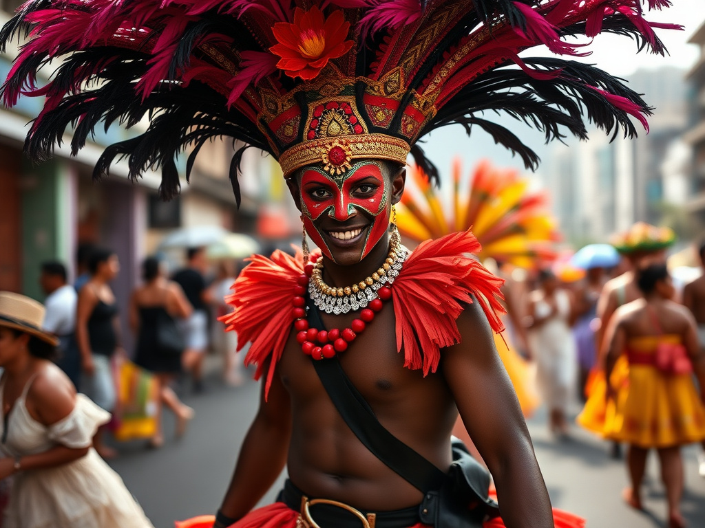 Black traveler dancing in the streets of Rio during Carnaval