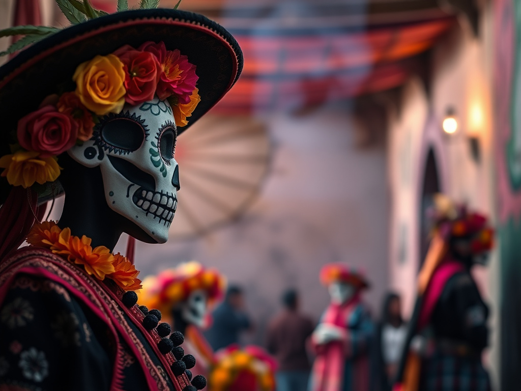 A Black traveler visiting an ofrenda altar in Oaxaca