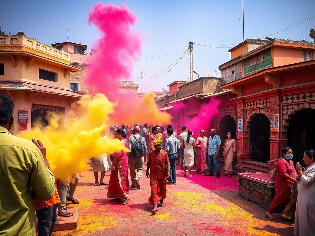 Black travelers celebrating Holi in Mathura