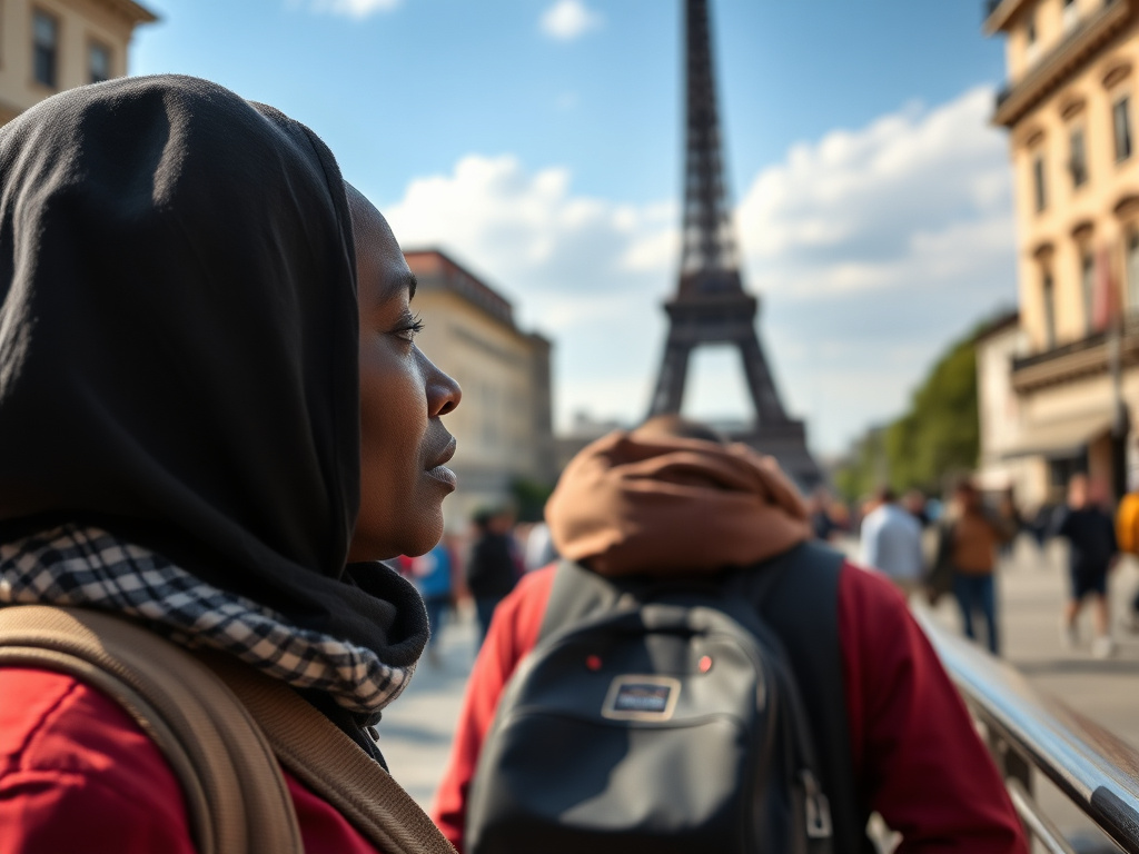 African traveler speaking with a local in a French-speaking country