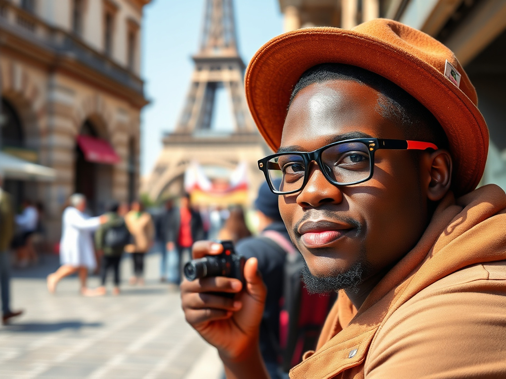 Minority traveler speaking with a local in a French-speaking country