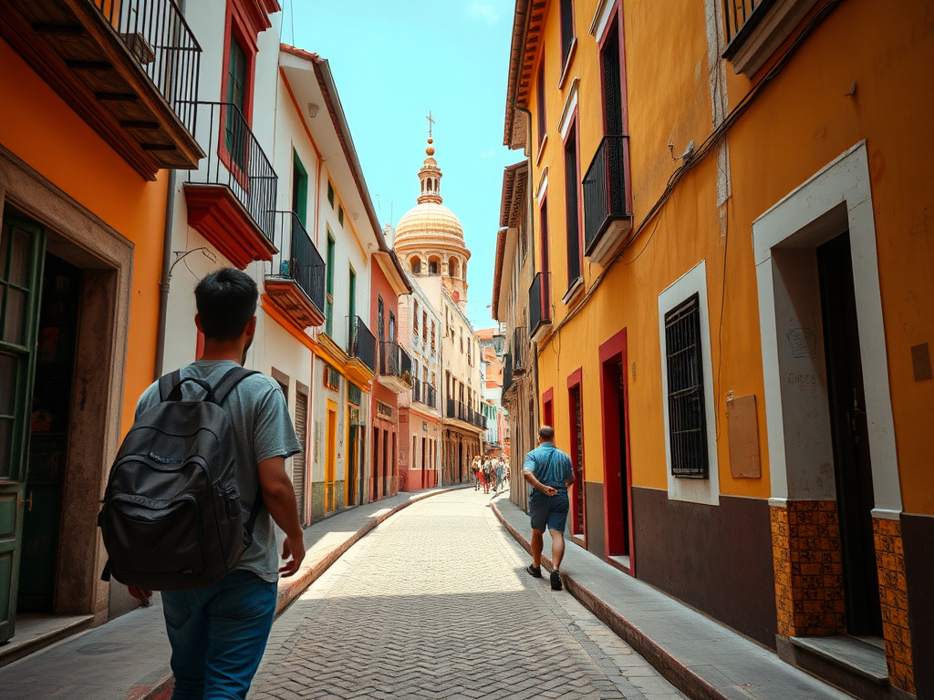 A diverse traveler greeting a local in Portugal