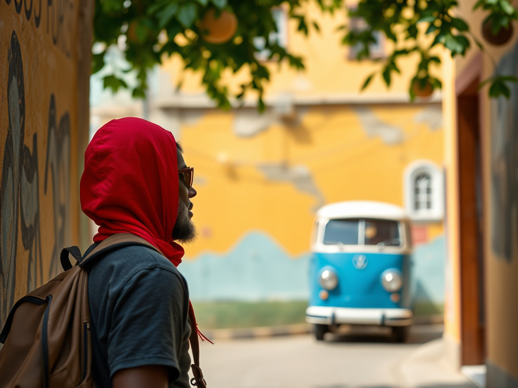 A traveler of color reflecting on their journey in a journal