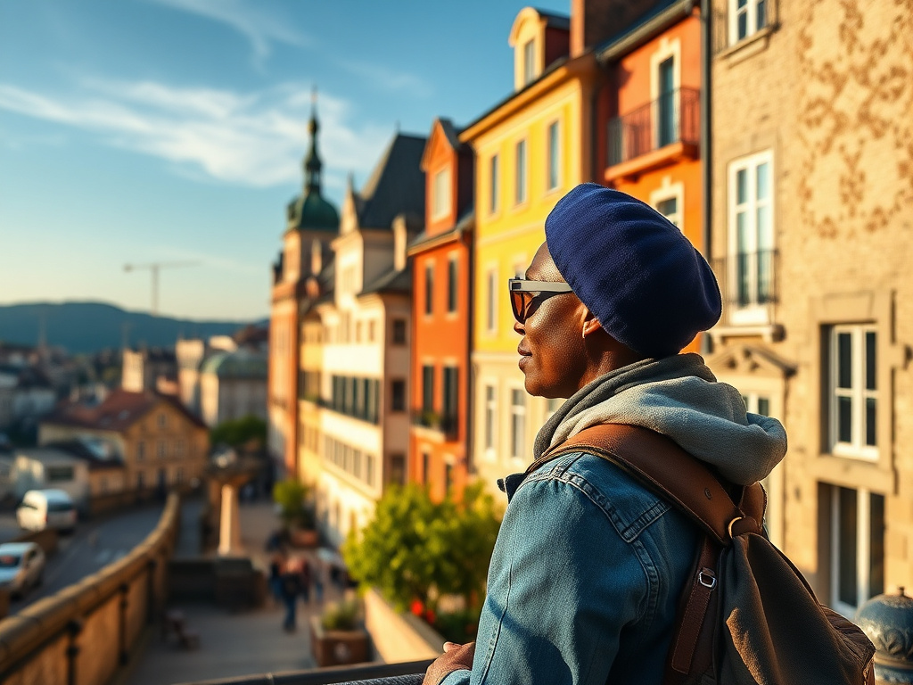 Diverse travelers exploring European city