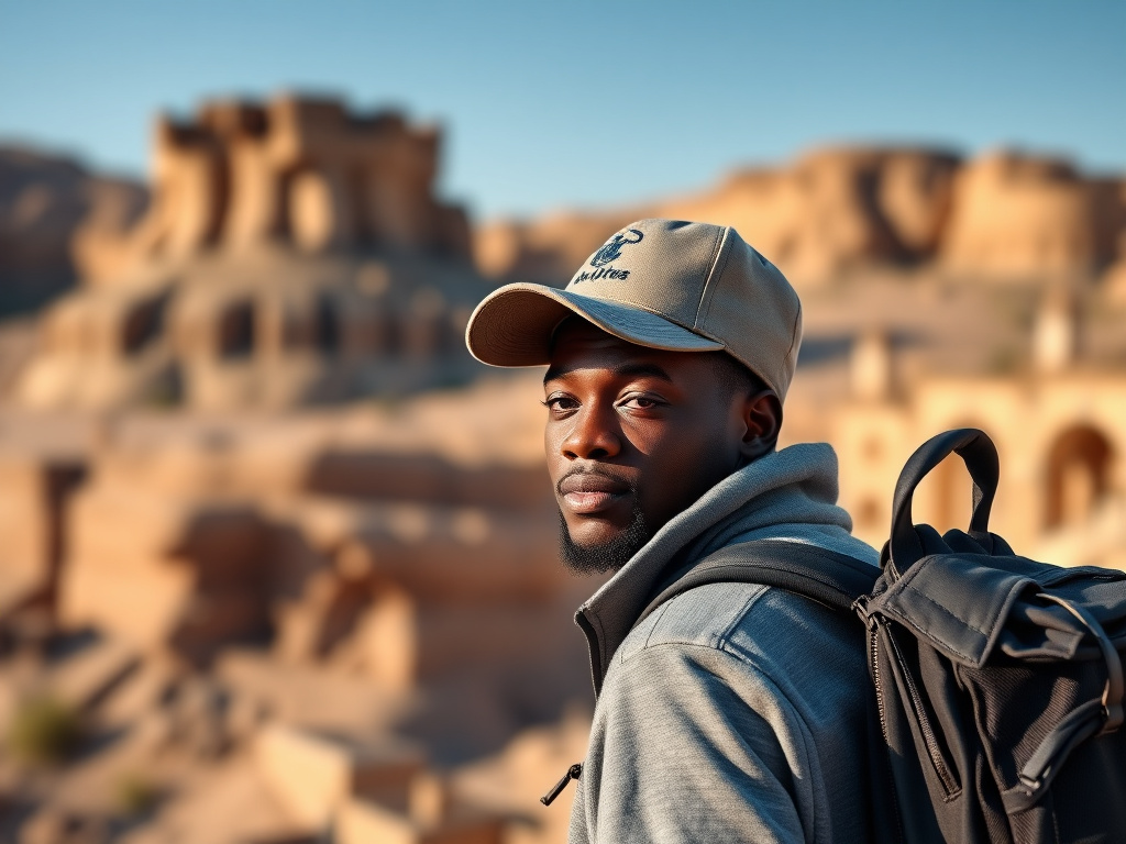 Traveler of color, with backpack, standing in front of a stunning landscape
