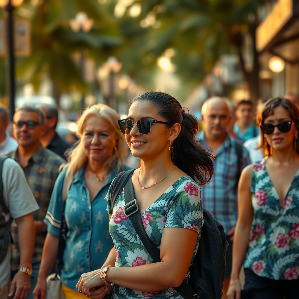 Photorealistic travel scene — Honolulu, USA — diverse travelers