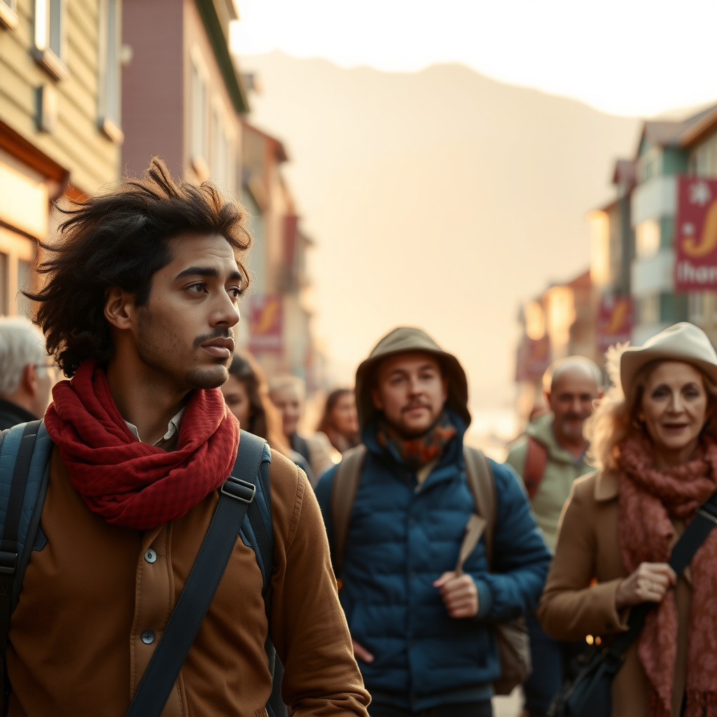 Photorealistic travel scene — Bergen, Norway — diverse travelers