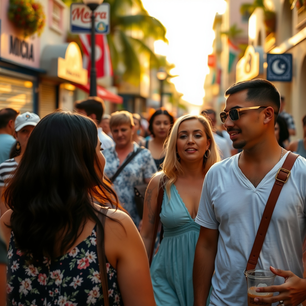 Photorealistic travel scene — Cozumel, Mexico — diverse travelers