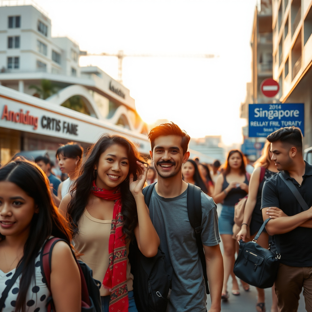 Photorealistic travel scene — Singapore, Singapore — diverse travelers