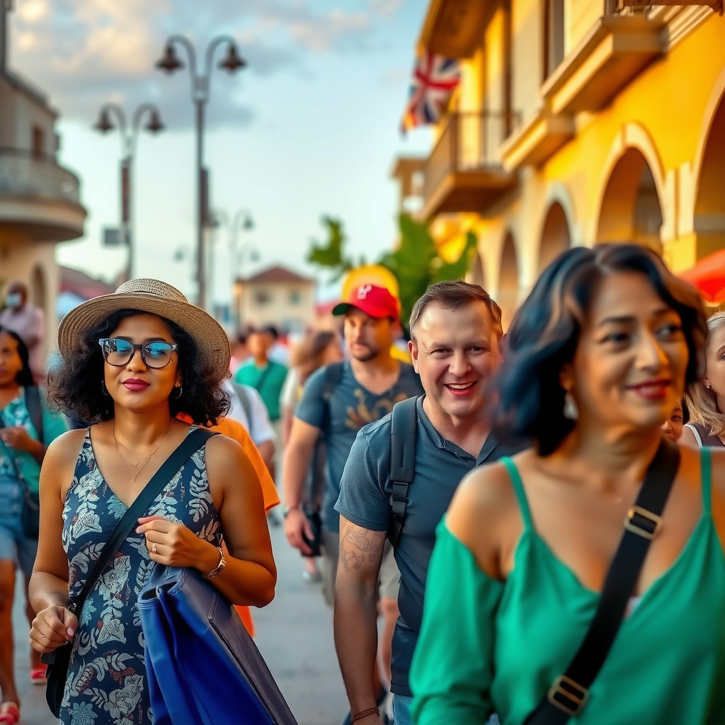 Photorealistic travel scene — Miami, USA — diverse travelers