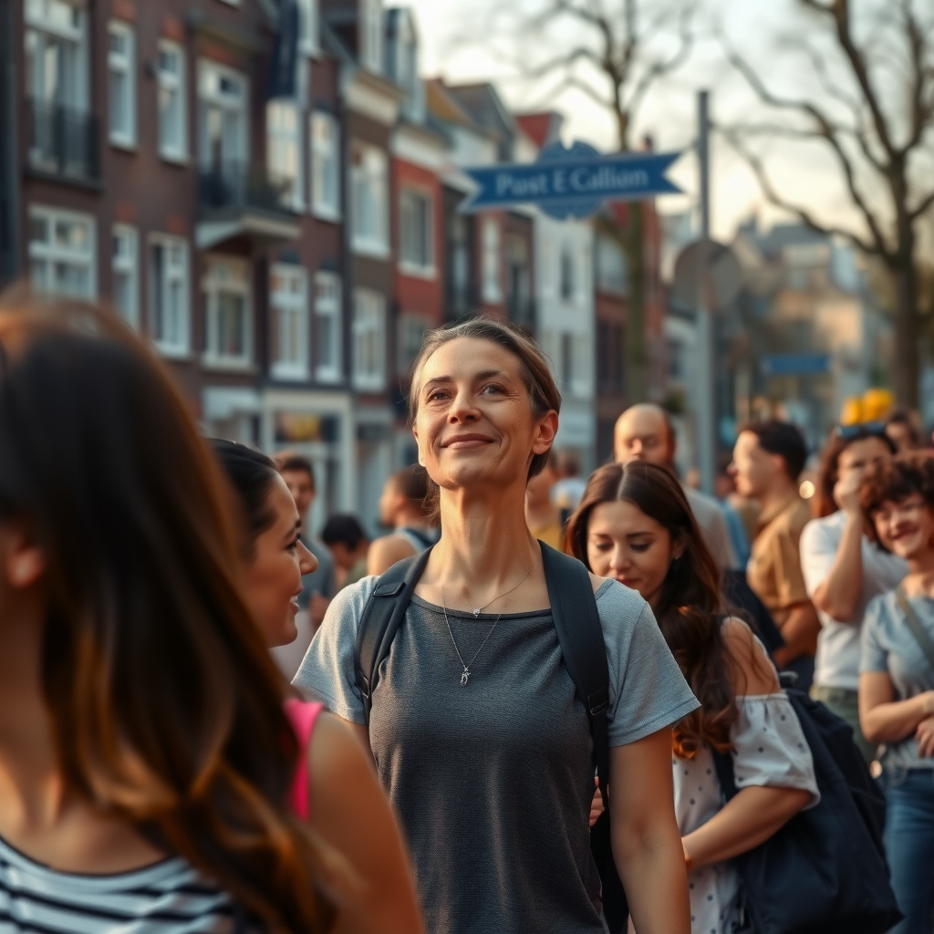 Photorealistic travel scene — Amsterdam, Netherlands — diverse travelers