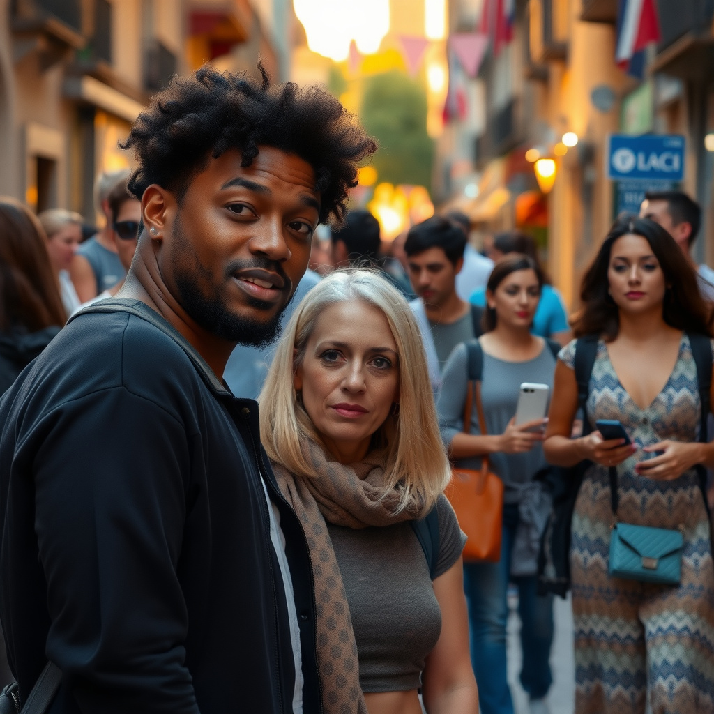 Photorealistic travel scene — Barcelona, Spain — diverse travelers