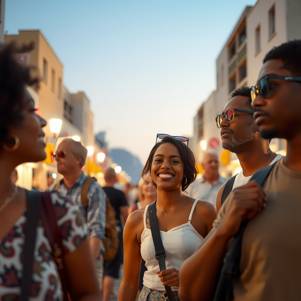 Photorealistic travel scene — Cape Town, South Africa — diverse travelers
