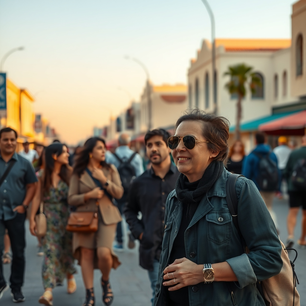 Photorealistic travel scene — Dubai, UAE — diverse travelers