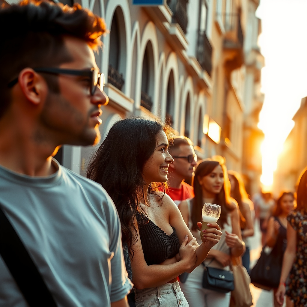Photorealistic travel scene — Lisbon, Portugal — diverse travelers