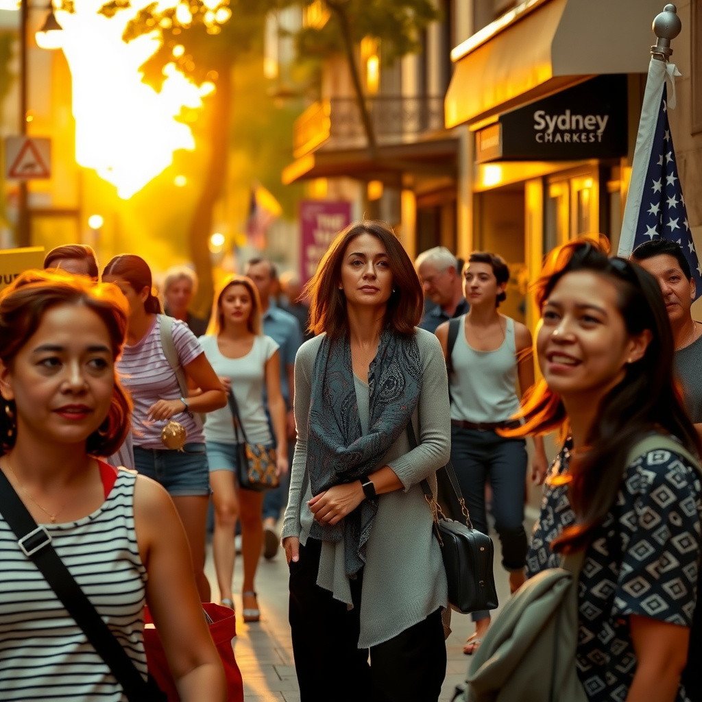 Photorealistic travel scene — Sydney, Australia — diverse travelers