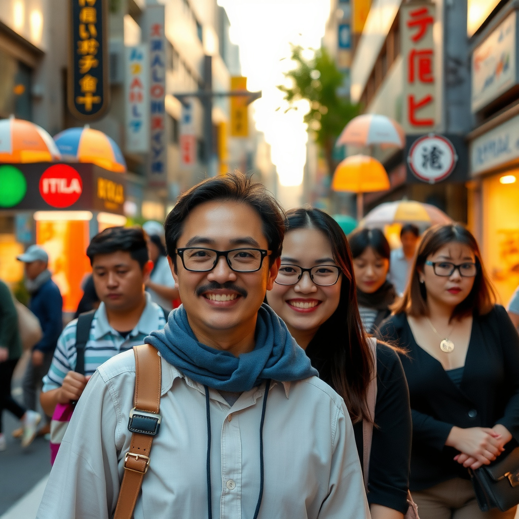 Photorealistic travel scene — Tokyo, Japan — diverse travelers