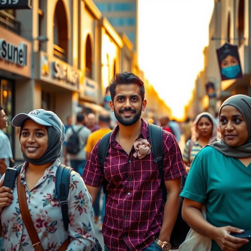 Photorealistic travel scene — Dubai, UAE — diverse travelers