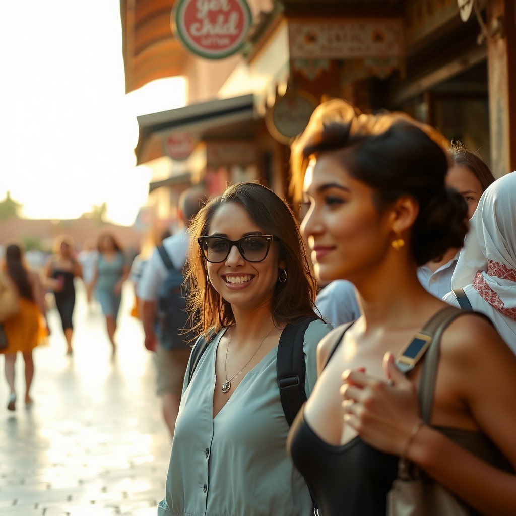 Photorealistic travel scene — Marrakech, Morocco — diverse travelers