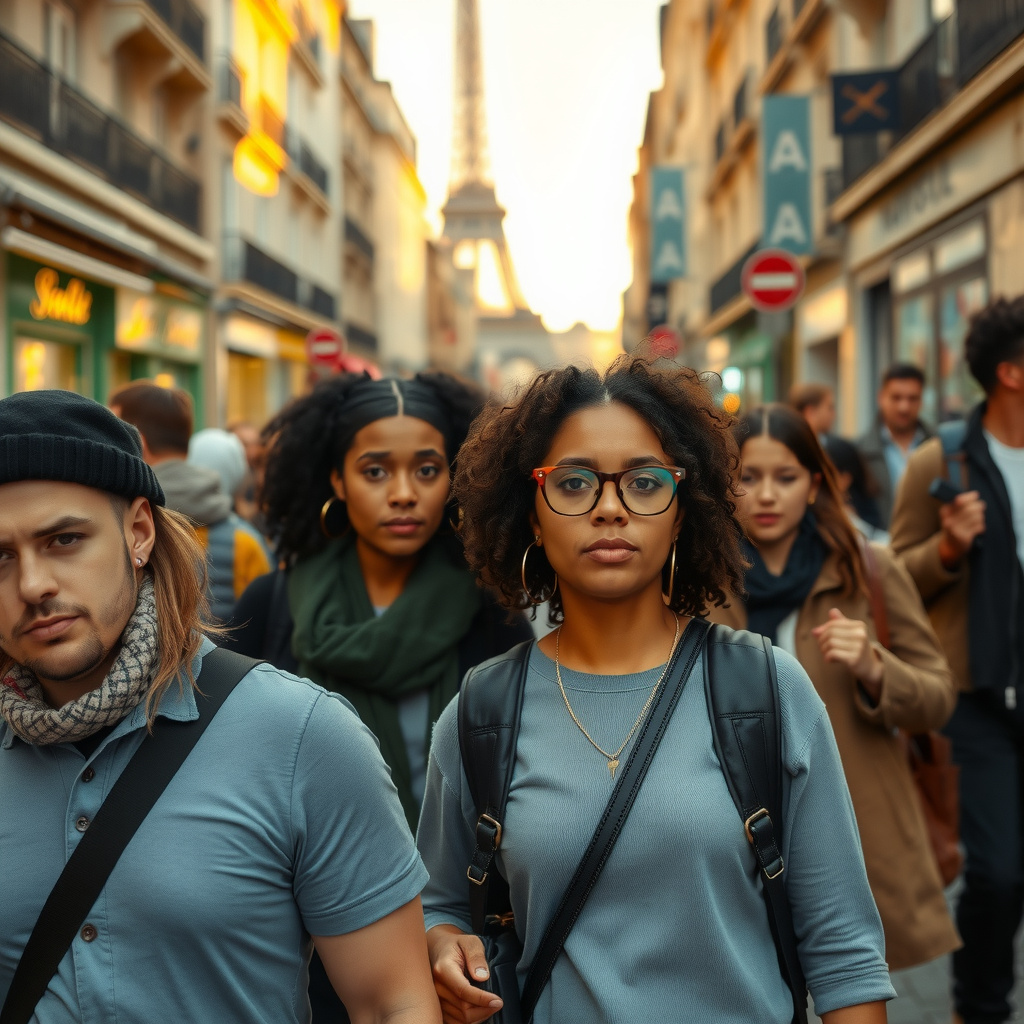 Photorealistic travel scene — Paris, France — diverse travelers