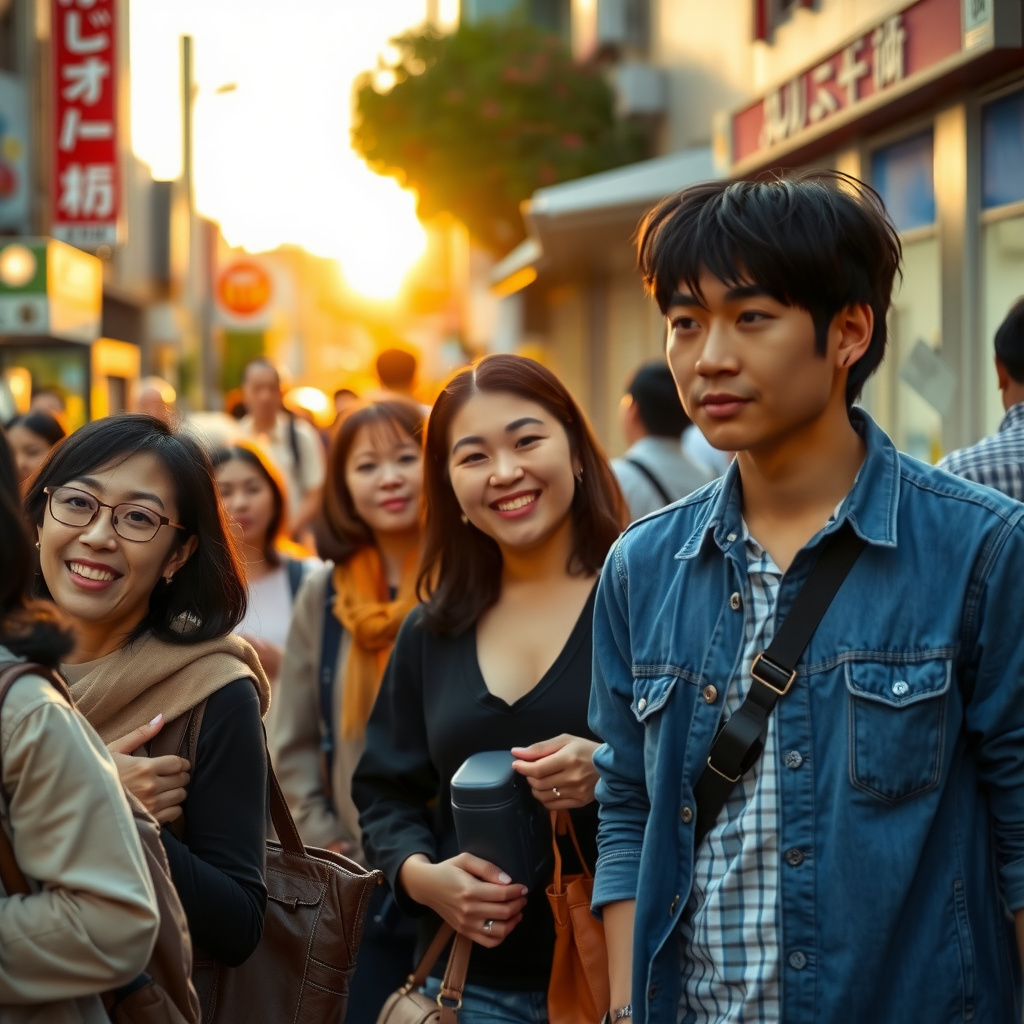 Photorealistic travel scene — Tokyo, Japan — diverse travelers