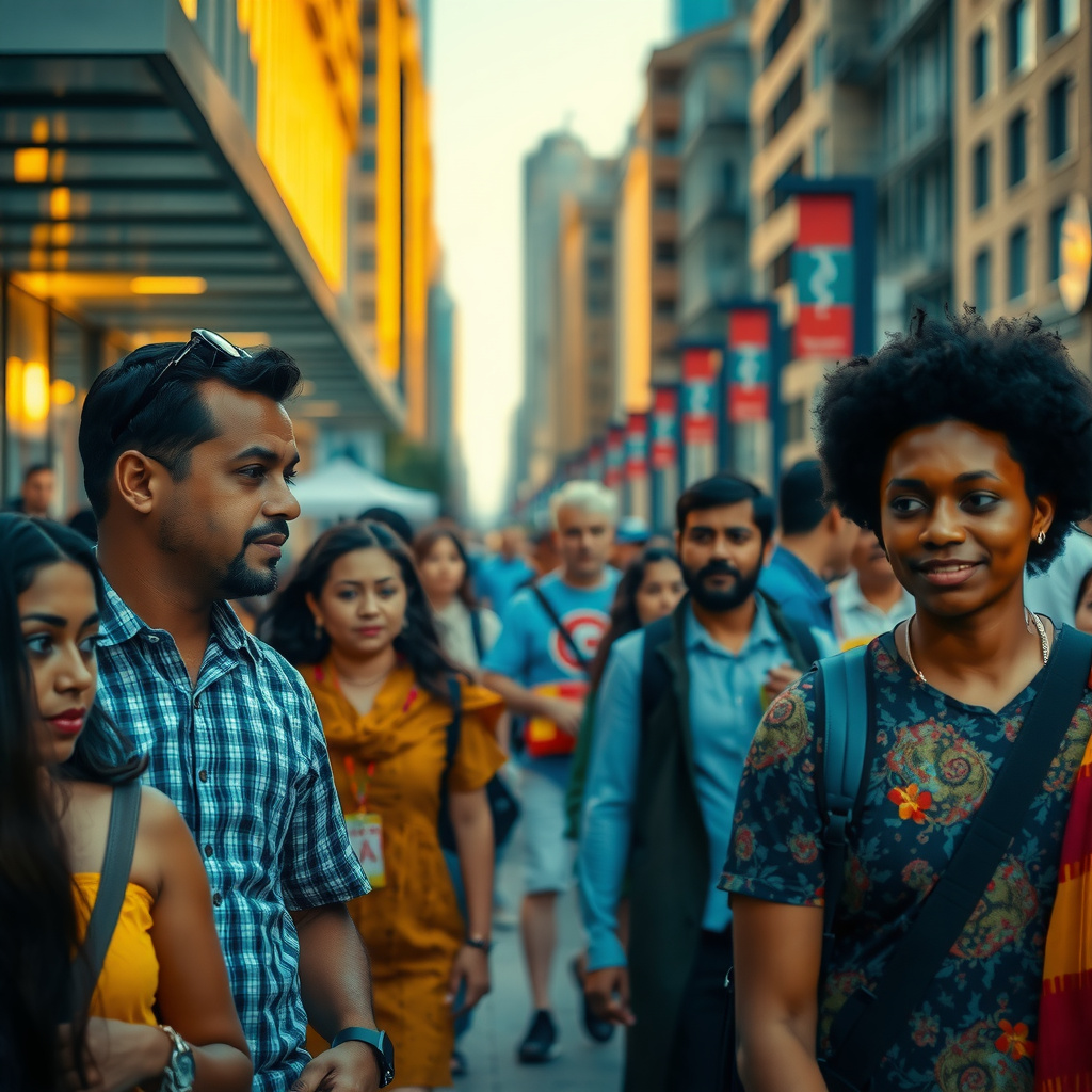 Photorealistic travel scene — Toronto, Canada — diverse travelers