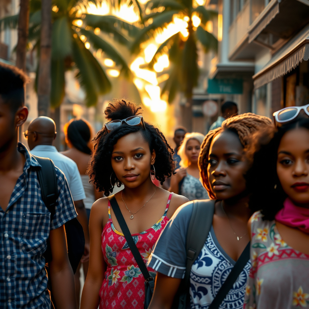 Photorealistic travel scene — Zanzibar, Tanzania — diverse travelers