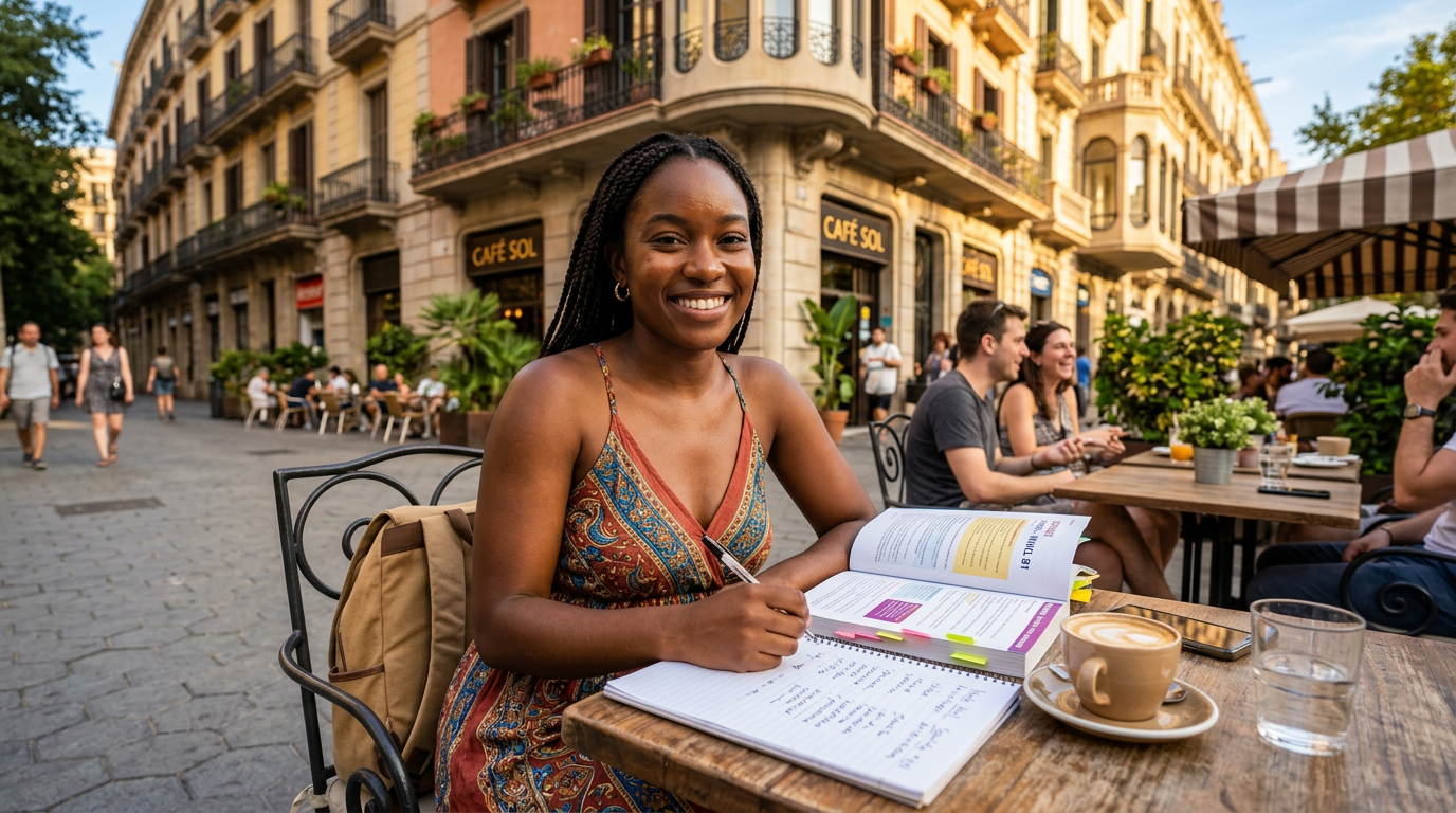 Studying Spanish at a café in Barcelona